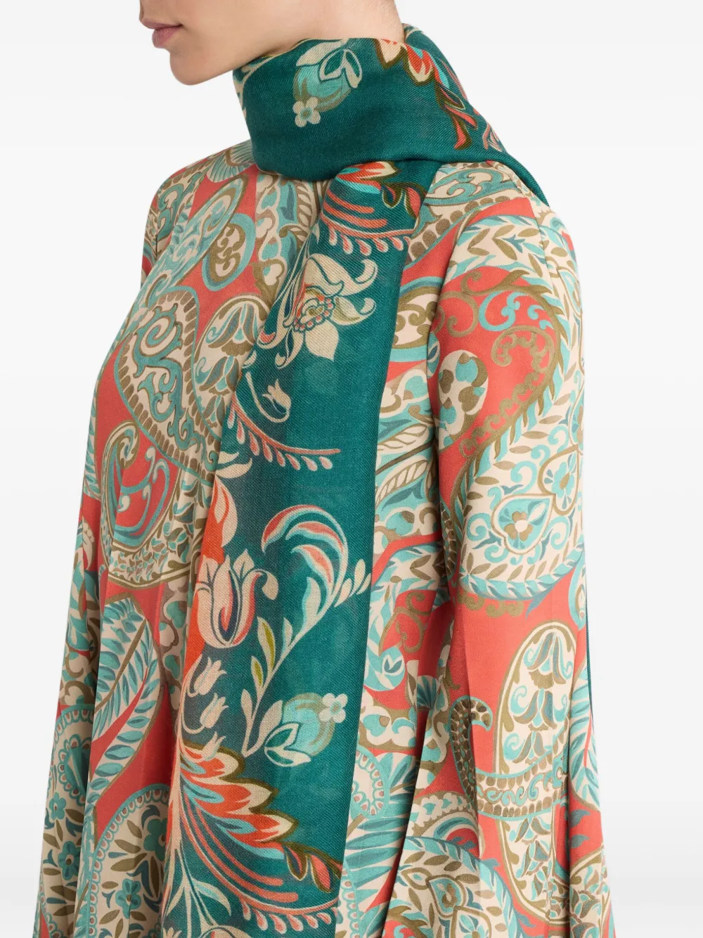 ETRO fringed floral-border scarf Groen