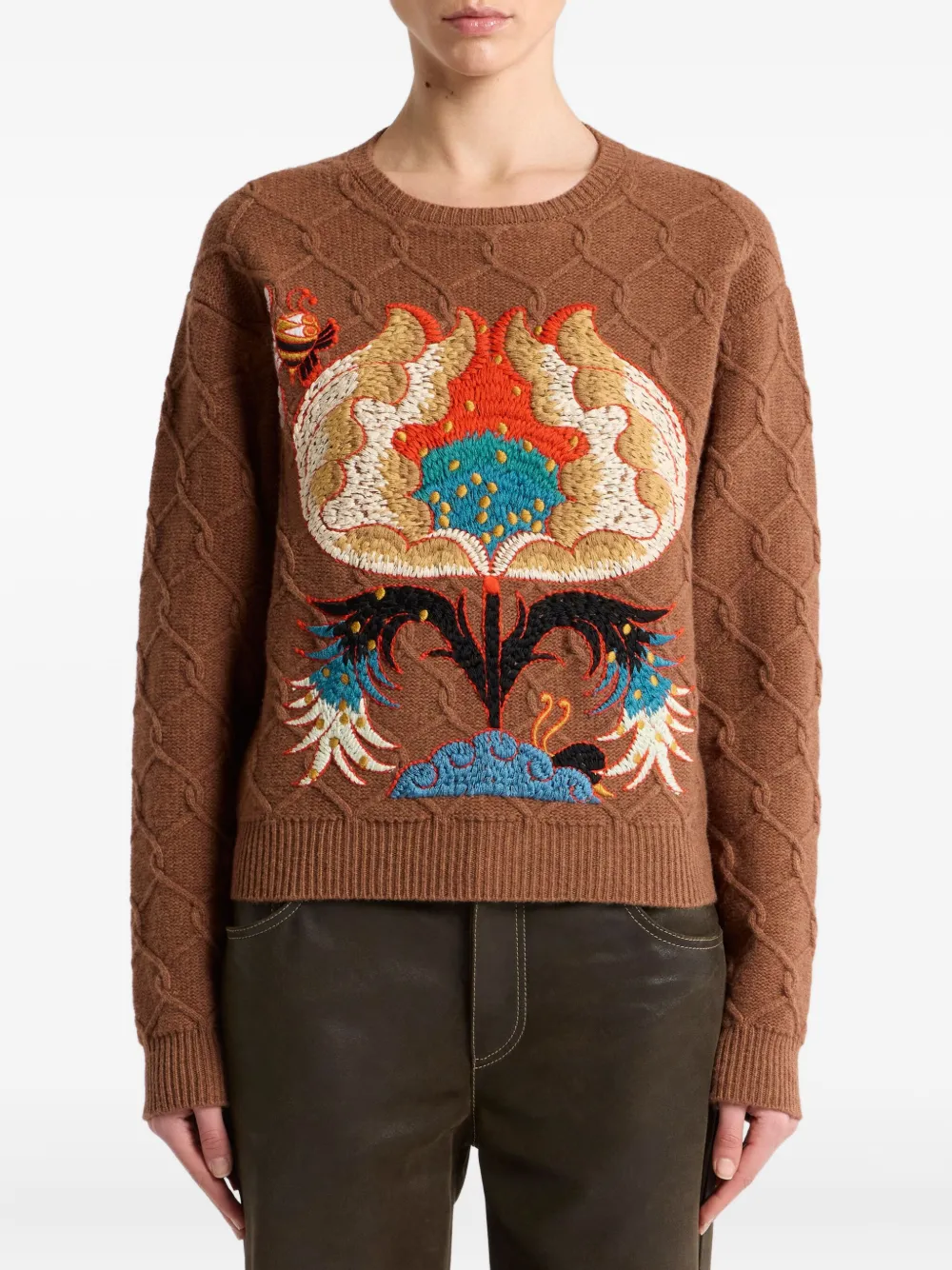 ETRO cable-knit floral-embroidered sweater Bruin