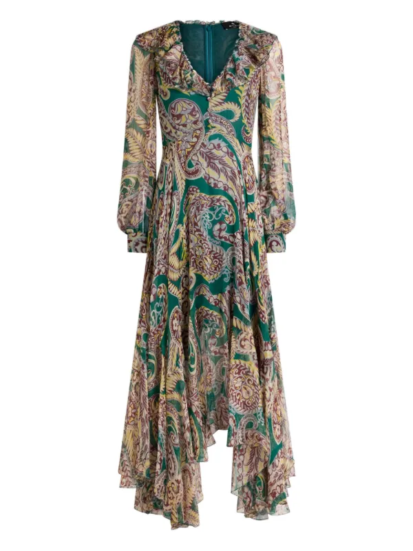 Etro, Long Silk Crepon Dress With Paisley Motif, Woman, Green, Size 42 Etro, Long Silk Crepon Dress With Paisley Motif, Woman, Green, Size 42