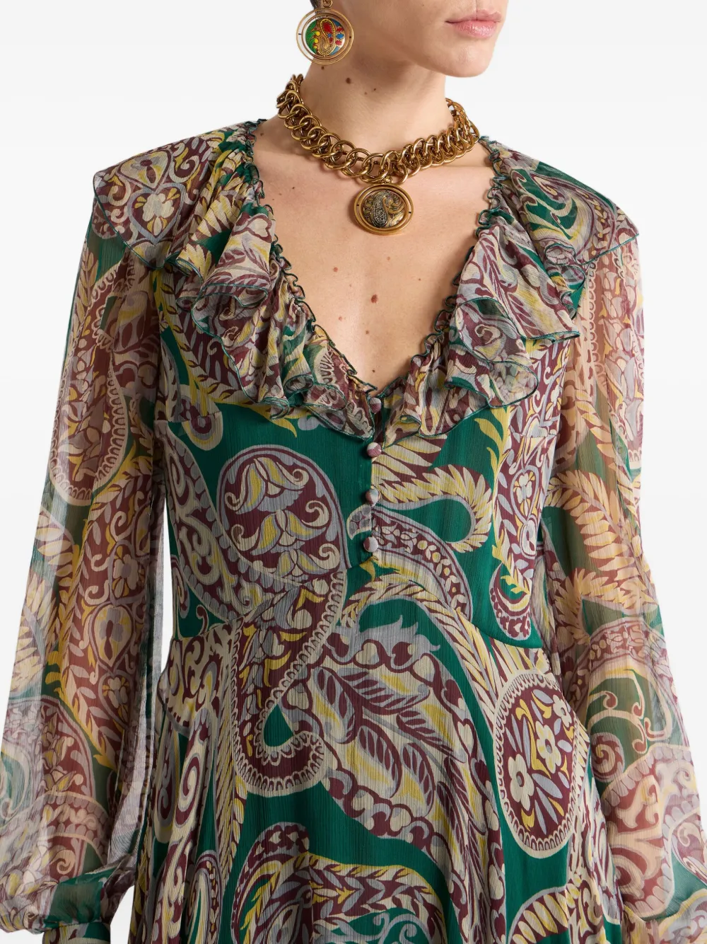 ETRO Maxi-jurk met paisley-print en ruches Groen