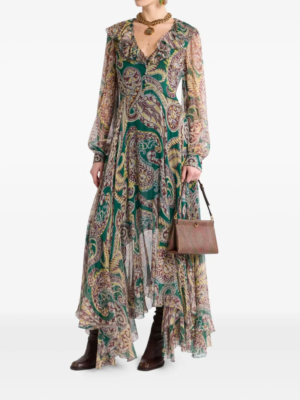 ETRO Maxi-jurk met paisley-print en ruches - Groen