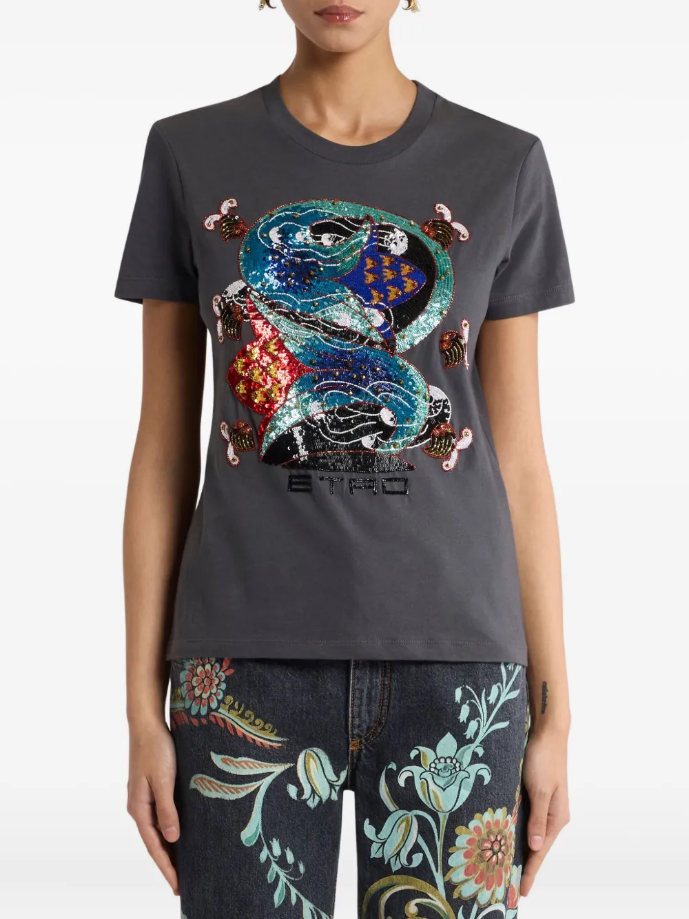 Etro Sequin-embellished Graphic T-shirt In Gray