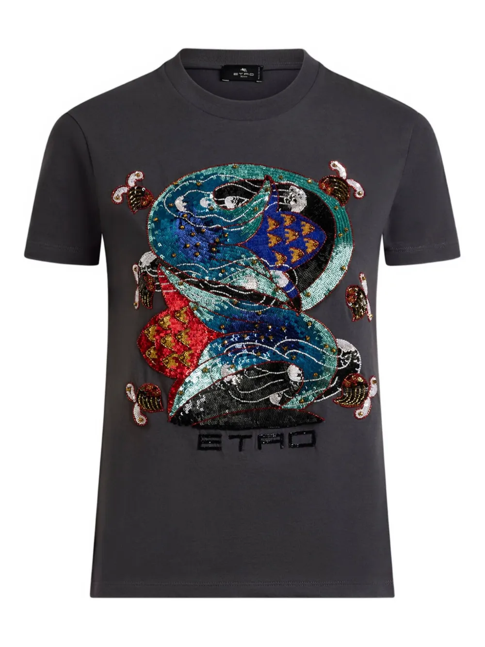 Etro Sequin-embellished Graphic T-shirt In Gray