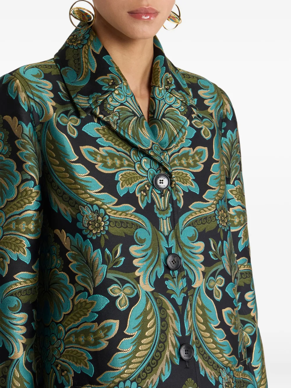Etro Floral Jacquard Single-breasted Top Coat In Green