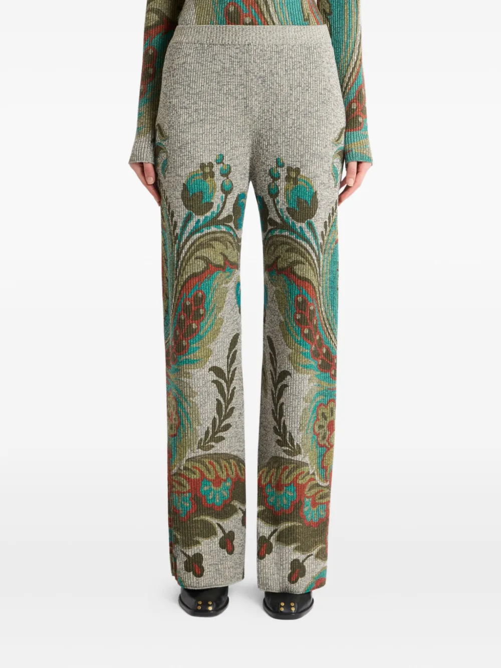 Etro Ribbed Paisley-print Trousers In Gray