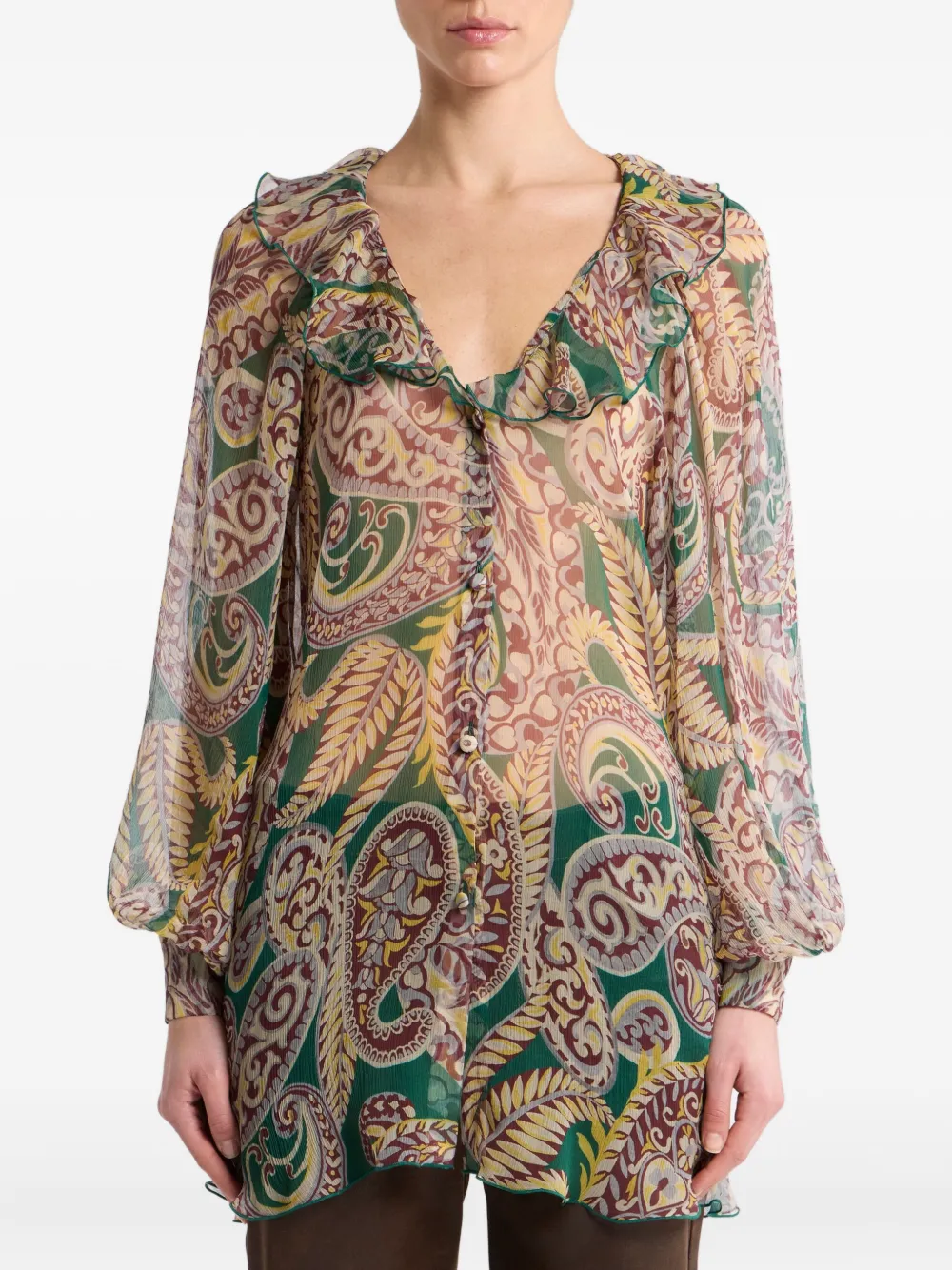 ETRO Blouse met paisley-print en ruches - Groen