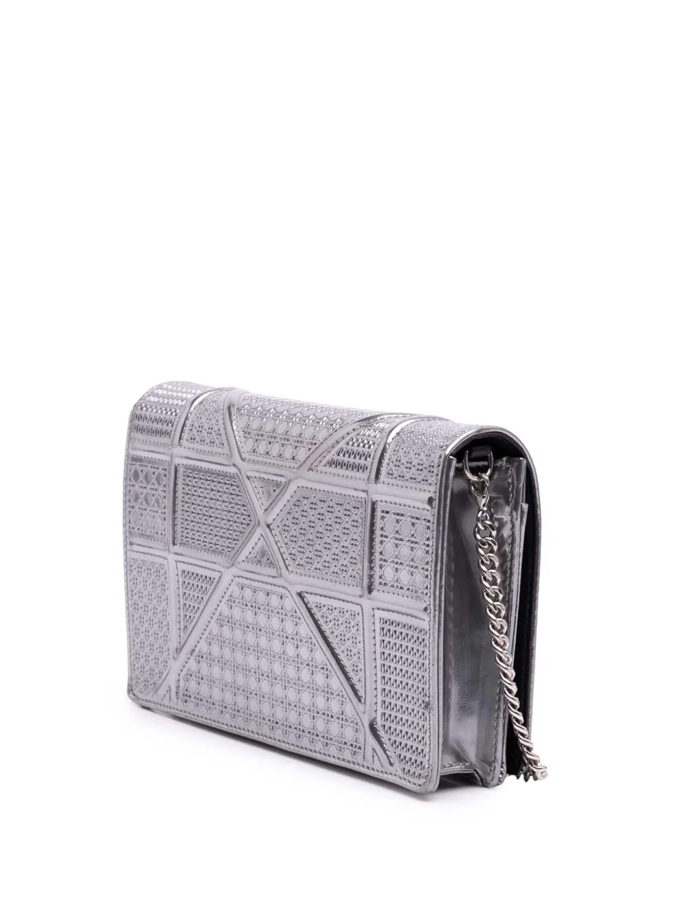 Pre-owned Dior 2017 Metallic Patent Microcannage Ama Wallet On Chain Crossbody Bag In Silver