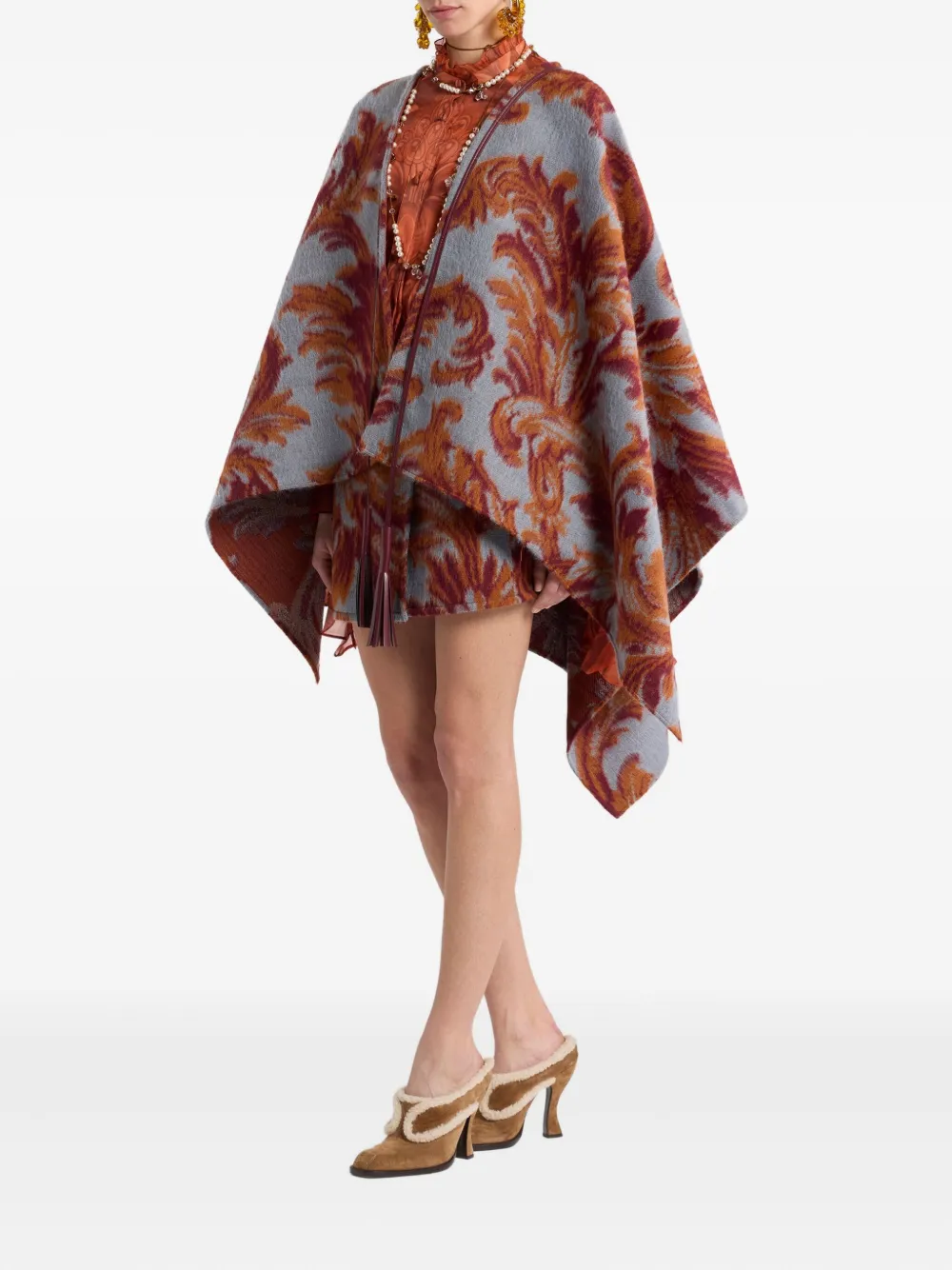 Etro Leaf-jacquard Tassel Cape In Animal Print