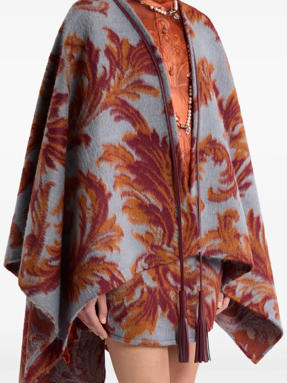 Etro Leaf-jacquard Tassel Cape In Animal Print