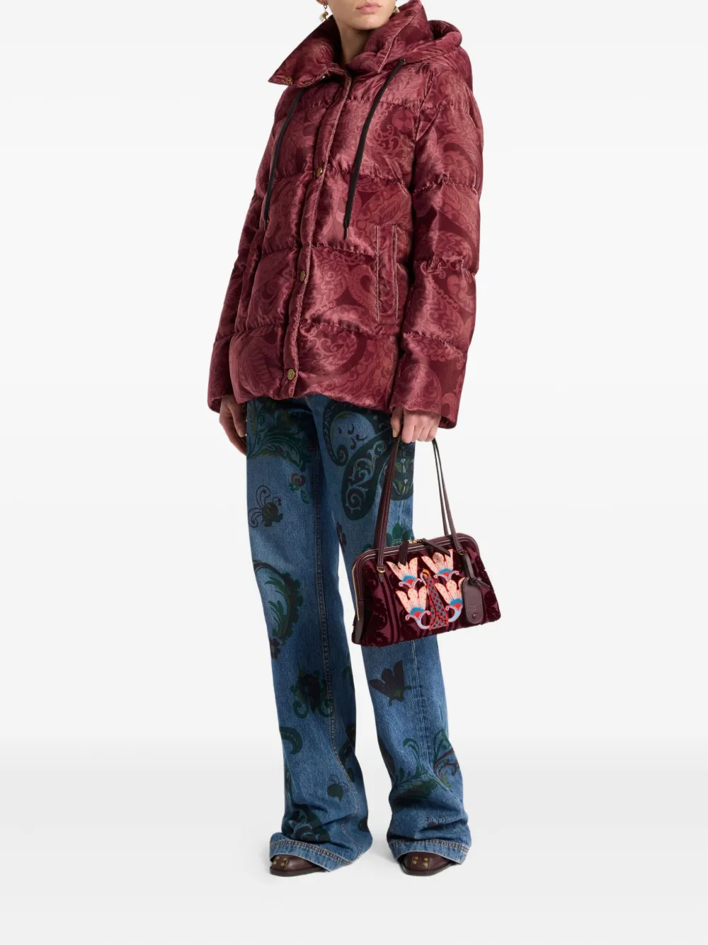 Etro Paisley-print Velvet Down Jacket In Burgundy