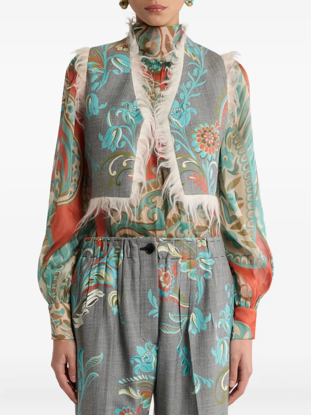 ETRO Gilet met bloemenprint en franje Grijs