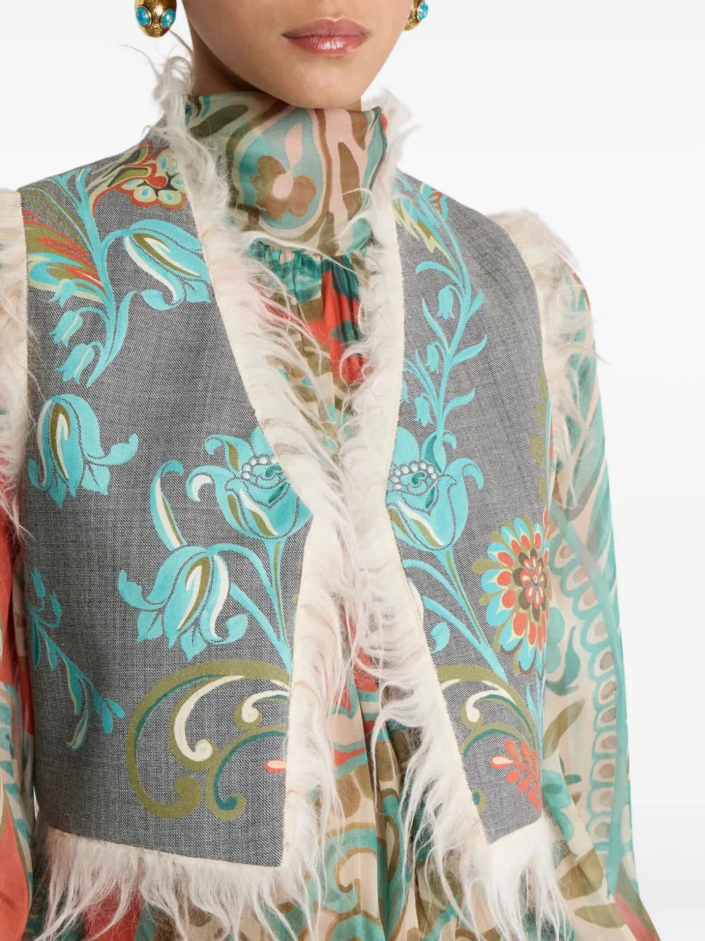 ETRO Gilet met bloemenprint en franje Grijs