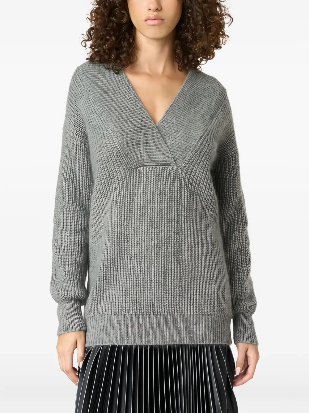 Malo Sequin-embellished V-neck Sweater In Gray