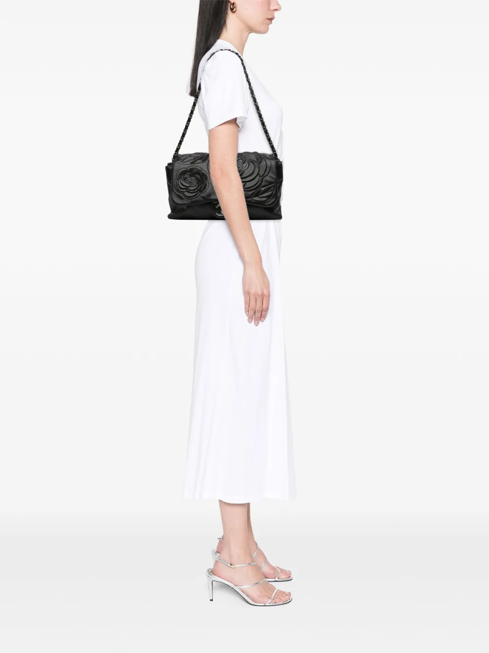 Pre-owned Chanel 2009-2010 Lambskin And Tweed Camellia Petals Flap Shoulder Bag In Black