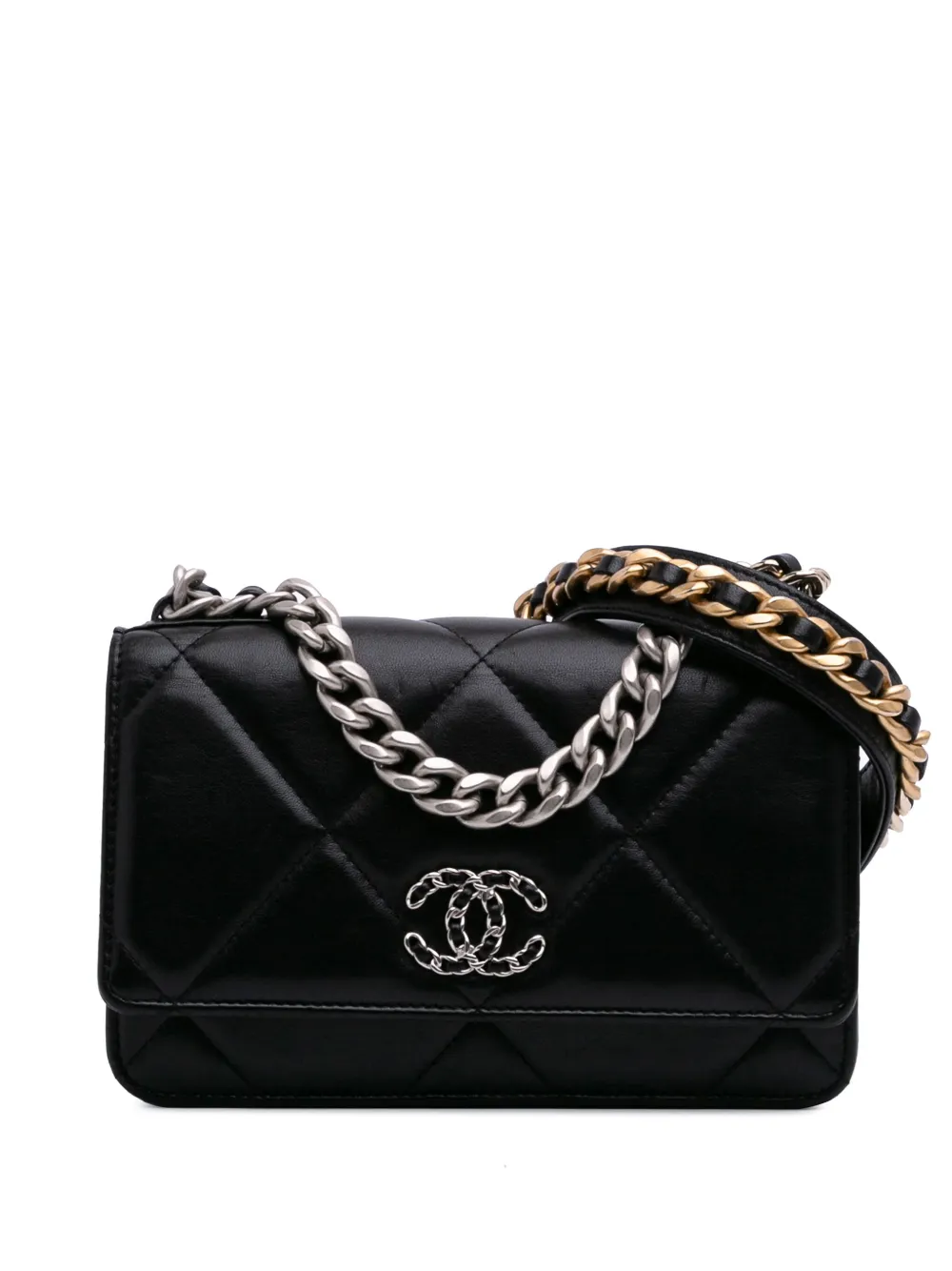 Pre-owned Chanel 2021-2025 Quilted Lambskin 19 Wallet On Chain Satchel In Black