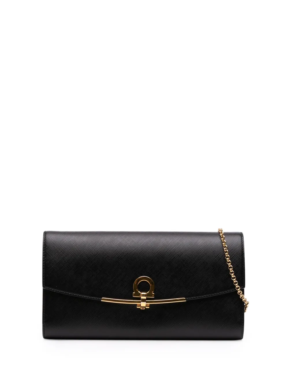 Pre-owned Ferragamo 2000-2025 Leather Gancini Icona Wallet On Chain Shoulder Bag In Black