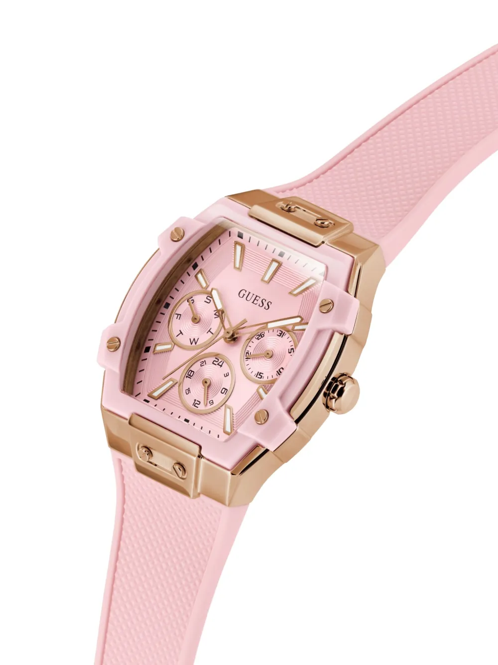 Guess Usa Silicone Strap Rose Gold Square Case 38mm In Pink