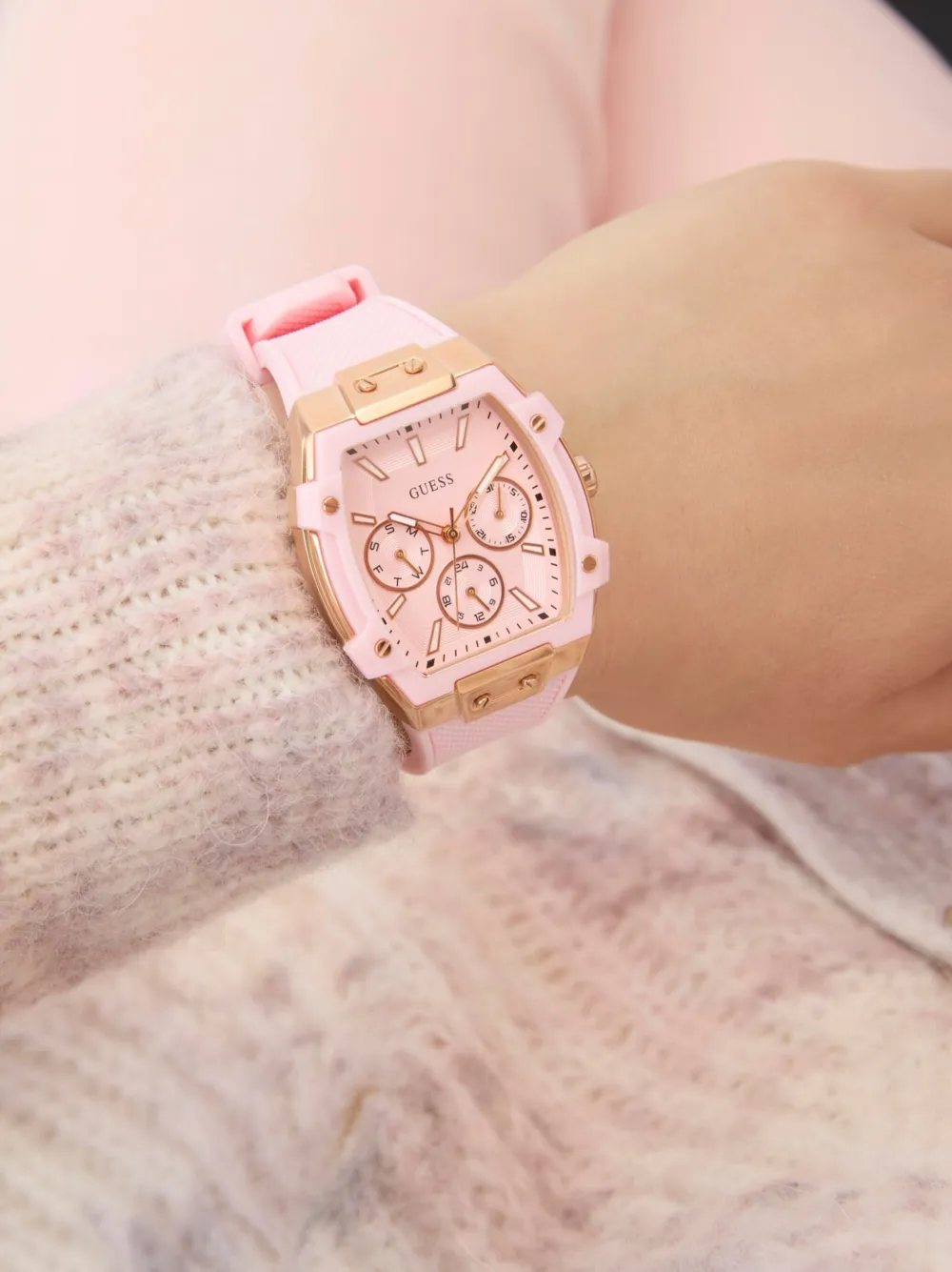 Guess Usa Silicone Strap Rose Gold Square Case 38mm In Pink
