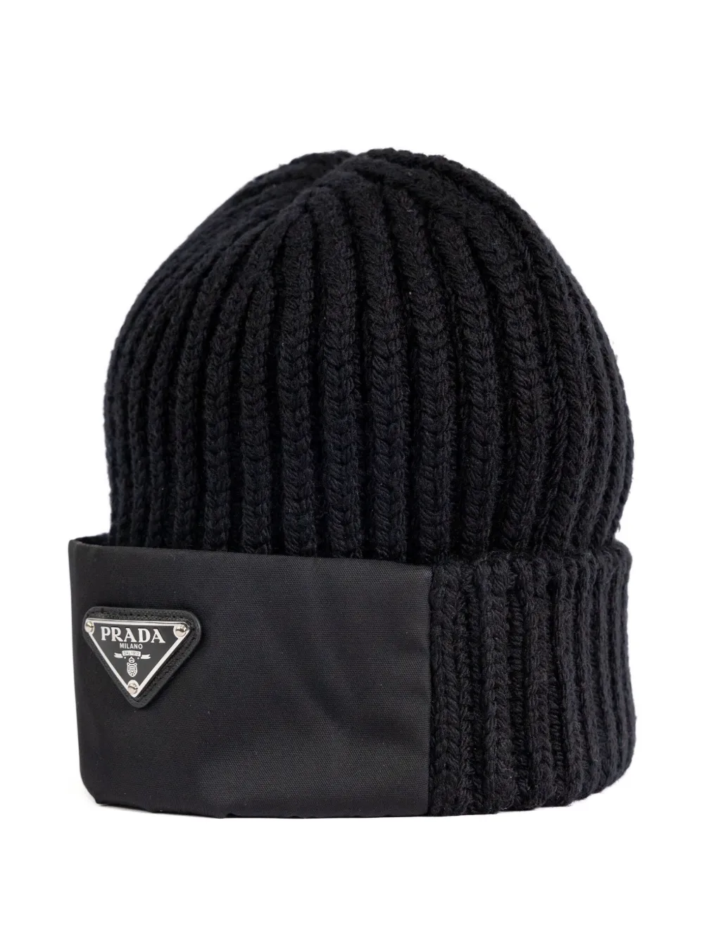 Prada ribbed-knit logo-plaque beanie hat - Zwart