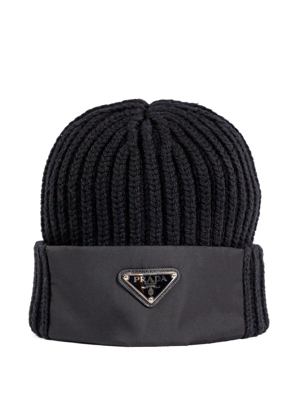 Prada ribbed-knit logo-plaque beanie hat Zwart