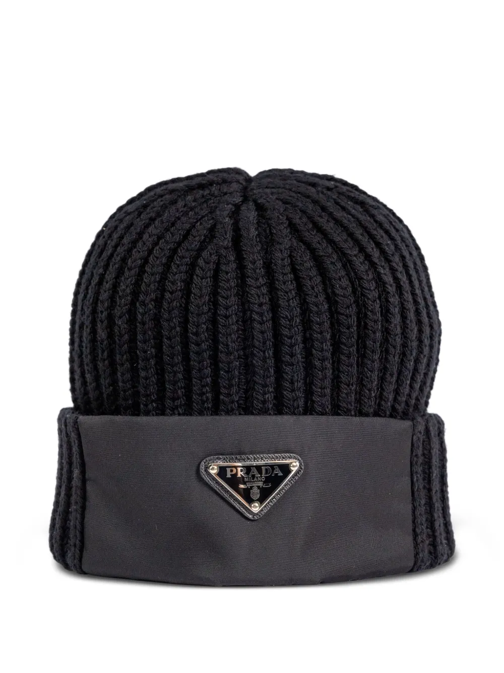Prada ribbed-knit logo-plaque beanie hat Zwart