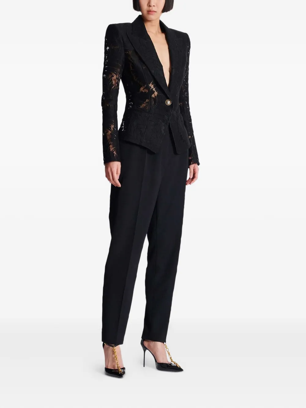 Balmain lace-patterned structured jacket Zwart