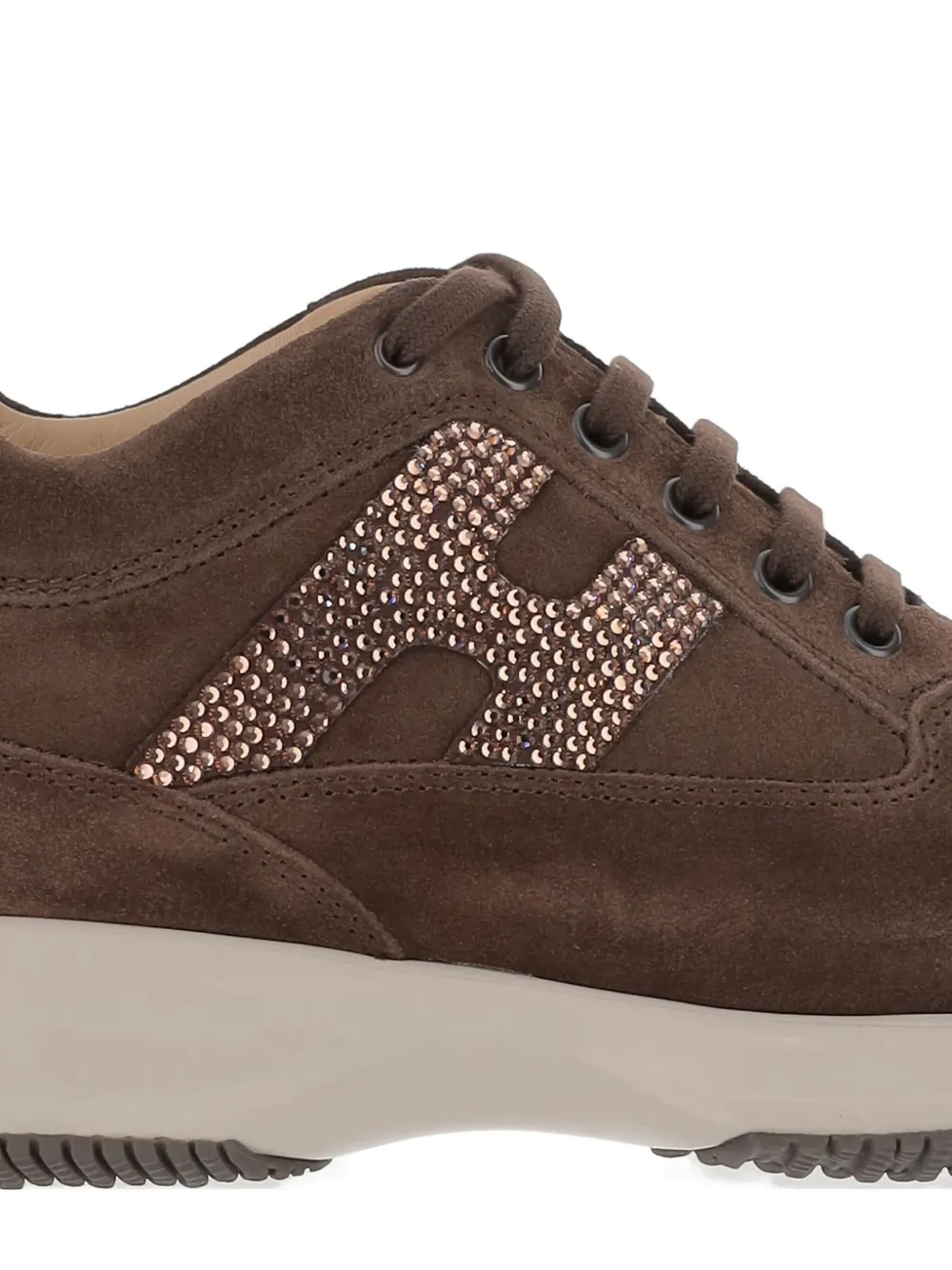 Hogan Chocolate Suede Sneakers With Rhinestone Logo In Brown
