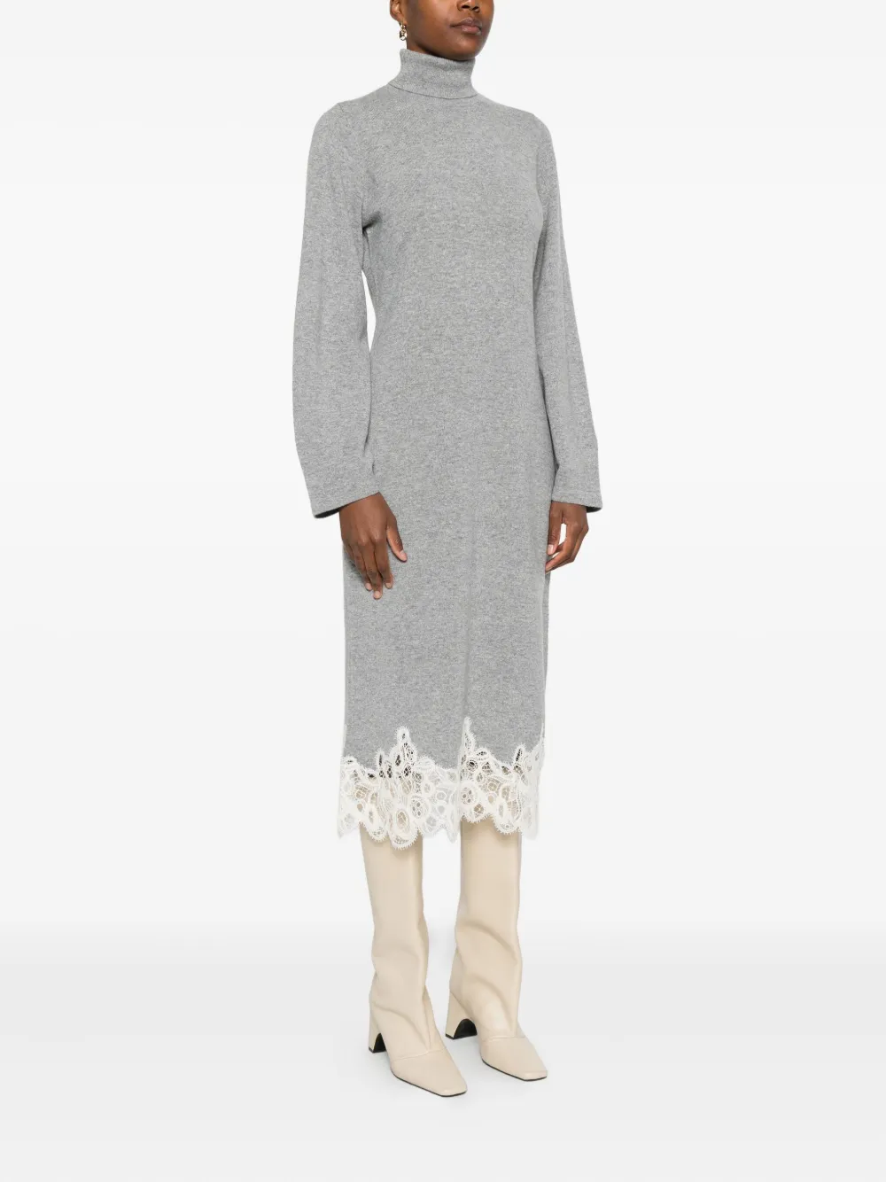 Fabiana Filippi Turtleneck Lace-trimmed Midi Dress In Gray