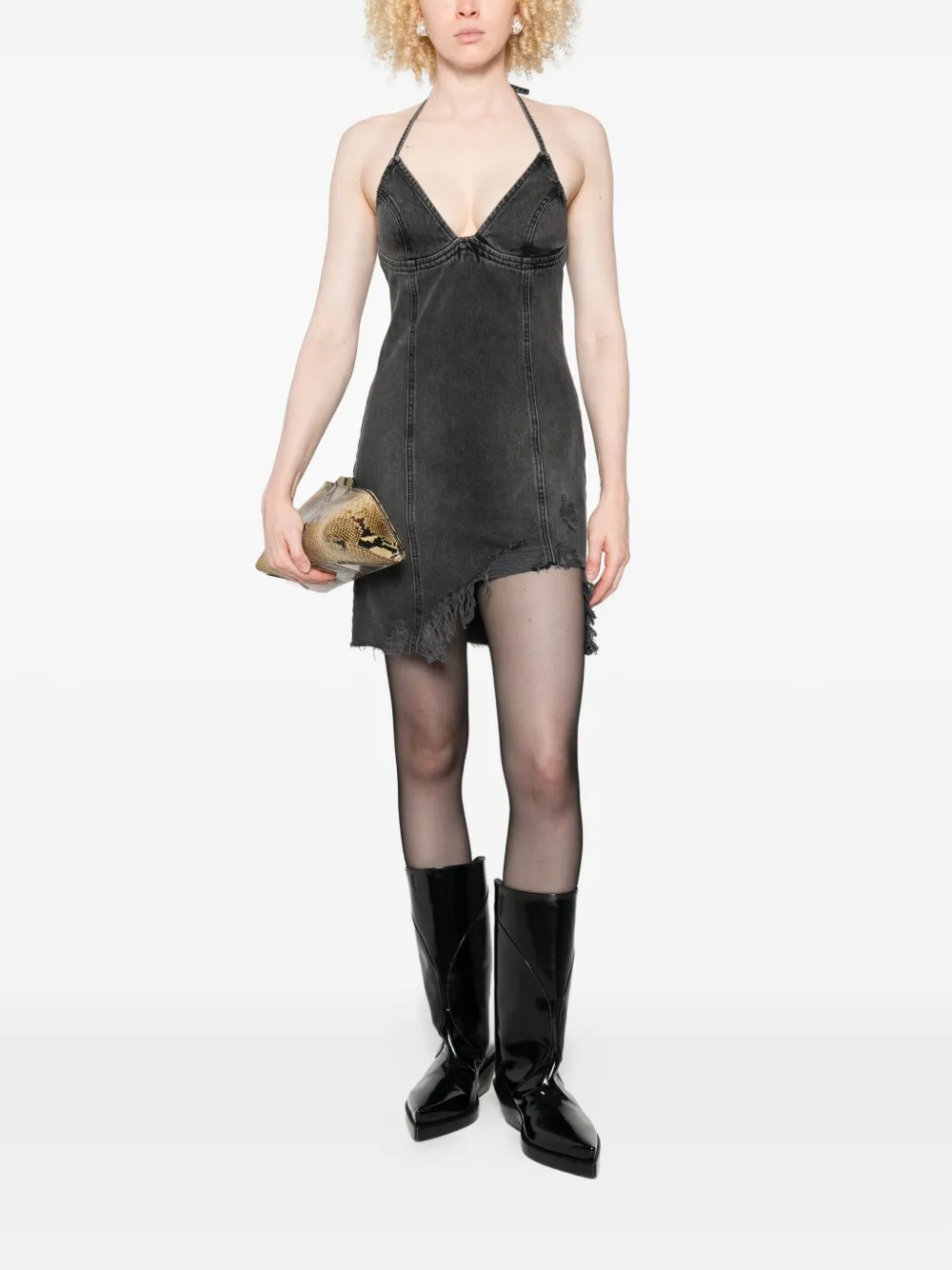 Blumarine halter-neck frayed denim dress - Grijs