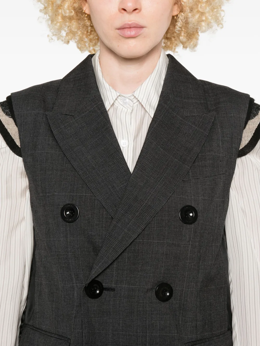 sacai Glen geruite top met dubbele rij knopen Grijs