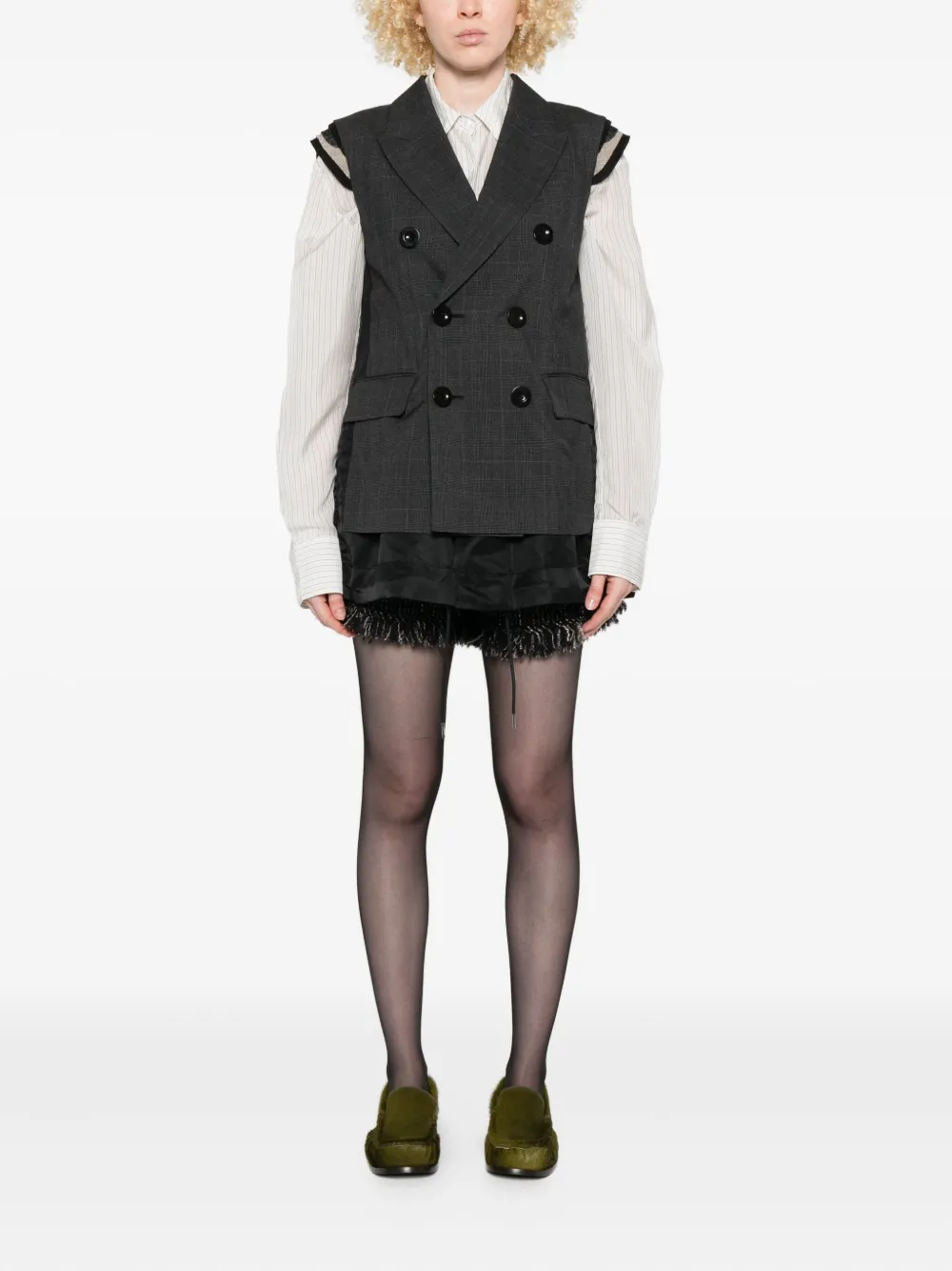 sacai Glen geruite top met dubbele rij knopen Grijs