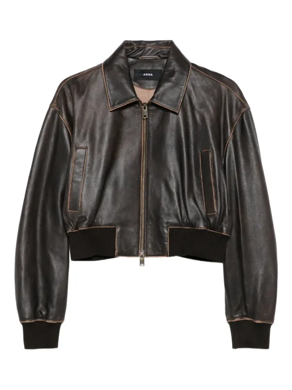 Arma Desy Cropped Zip-front Leather Jacket in Brown