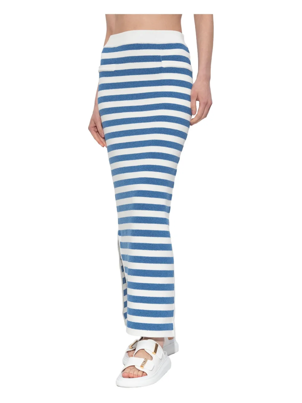 Posse Stripe Side-split Midi Fitted Skirt In Brown