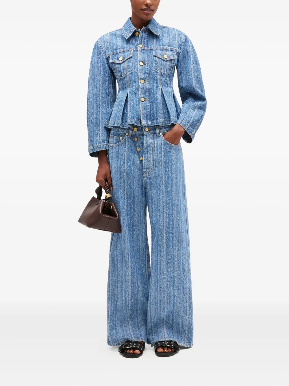Ganni Striped Denim Pleated Jacket In Blue