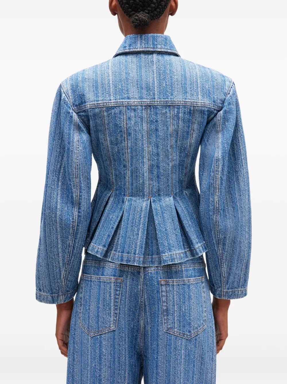Ganni Striped Denim Pleated Jacket In Blue