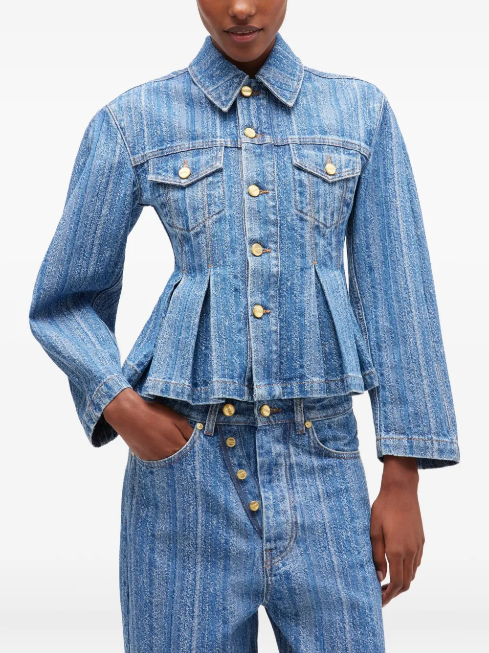 Ganni Striped Denim Pleated Jacket In Blue