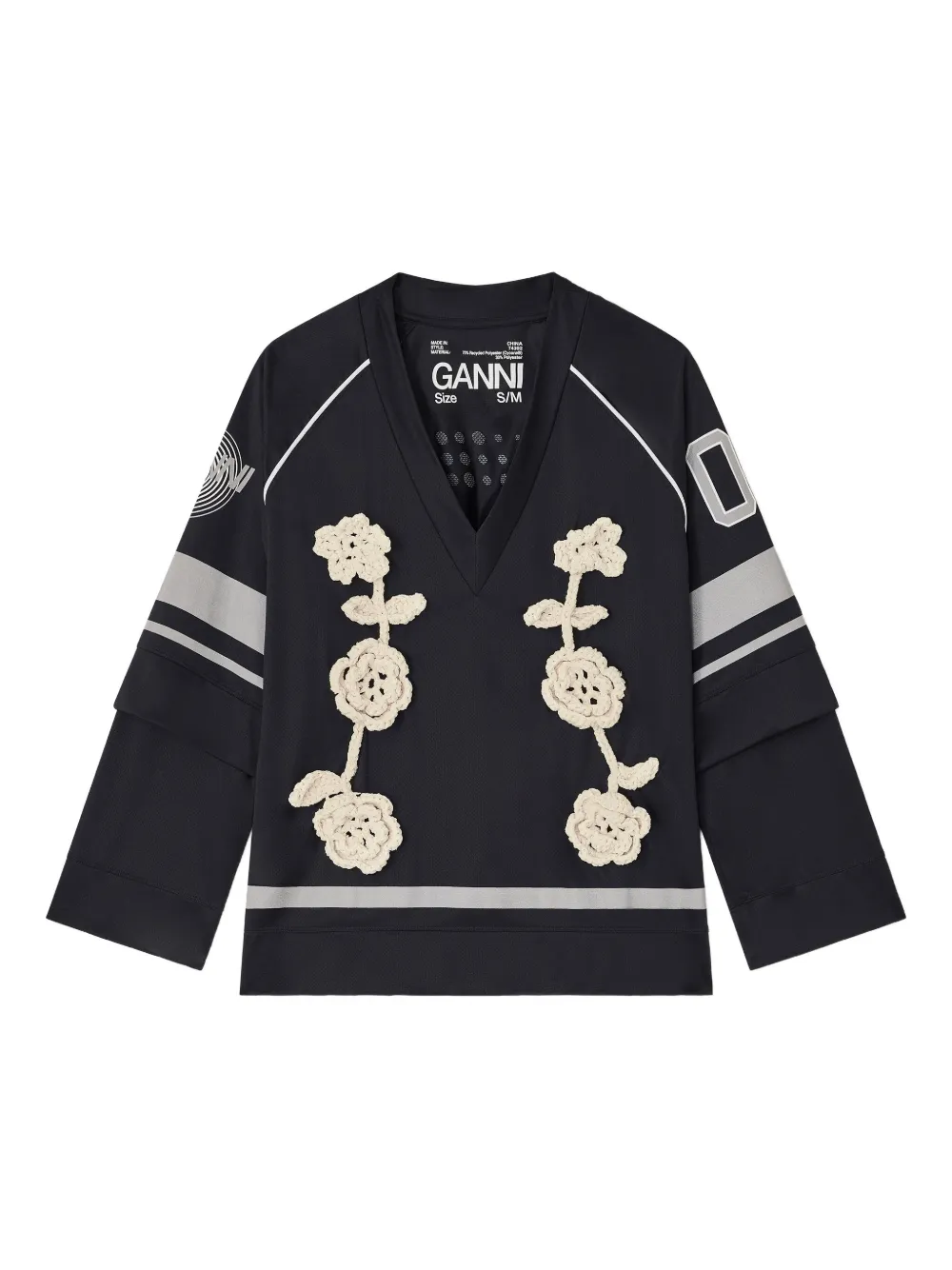 GANNI crocheted-flower jersey top | Black | Image 1
