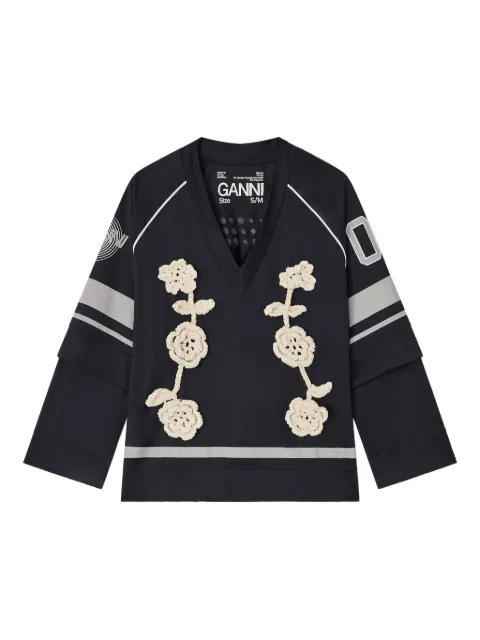 GANNI crocheted-flower jersey top