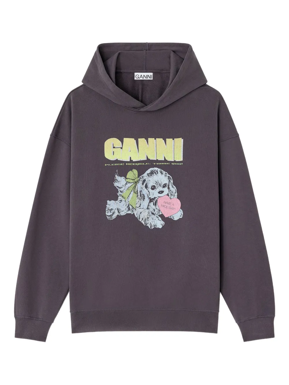 Ganni Isoli Oversized Hoodie With Graphic Puppy Print In Gray