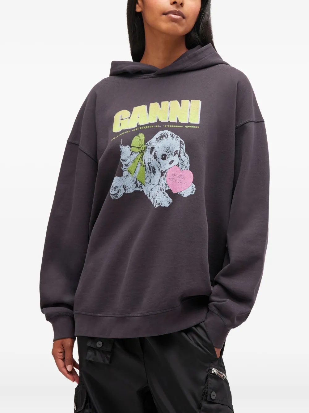 Ganni Isoli Oversized Hoodie With Graphic Puppy Print In Gray