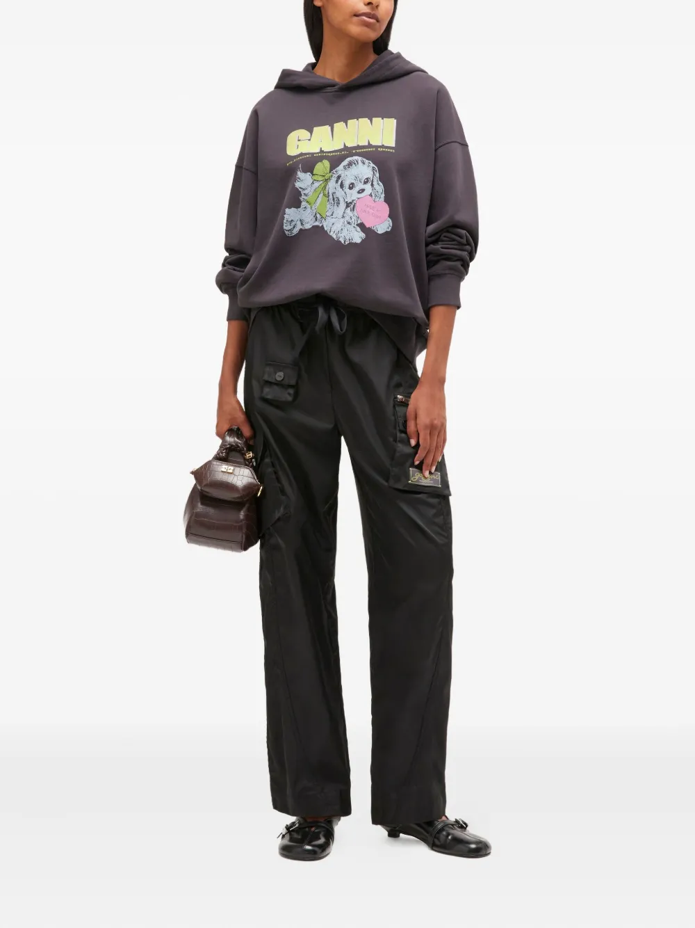 Ganni Isoli Oversized Hoodie With Graphic Puppy Print In Gray