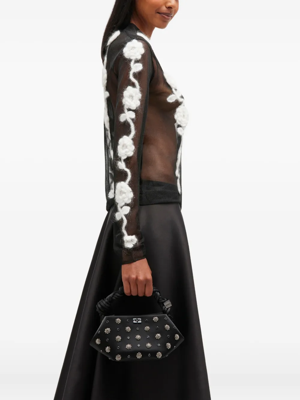 Ganni Mini Bou Studded Tote Bag With Floral Embellishments In Black