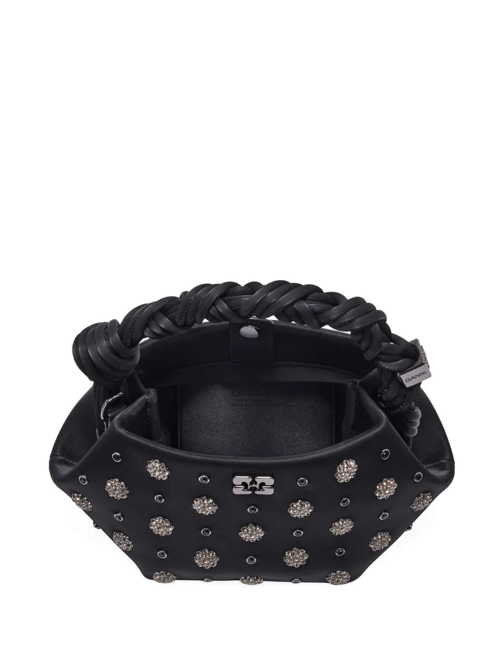 Ganni Mini Bou Studded Tote Bag With Floral Embellishments In Black