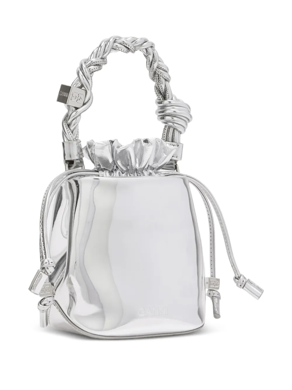 Ganni Mini Bou Twisted-handle Bucket Bag In Silver