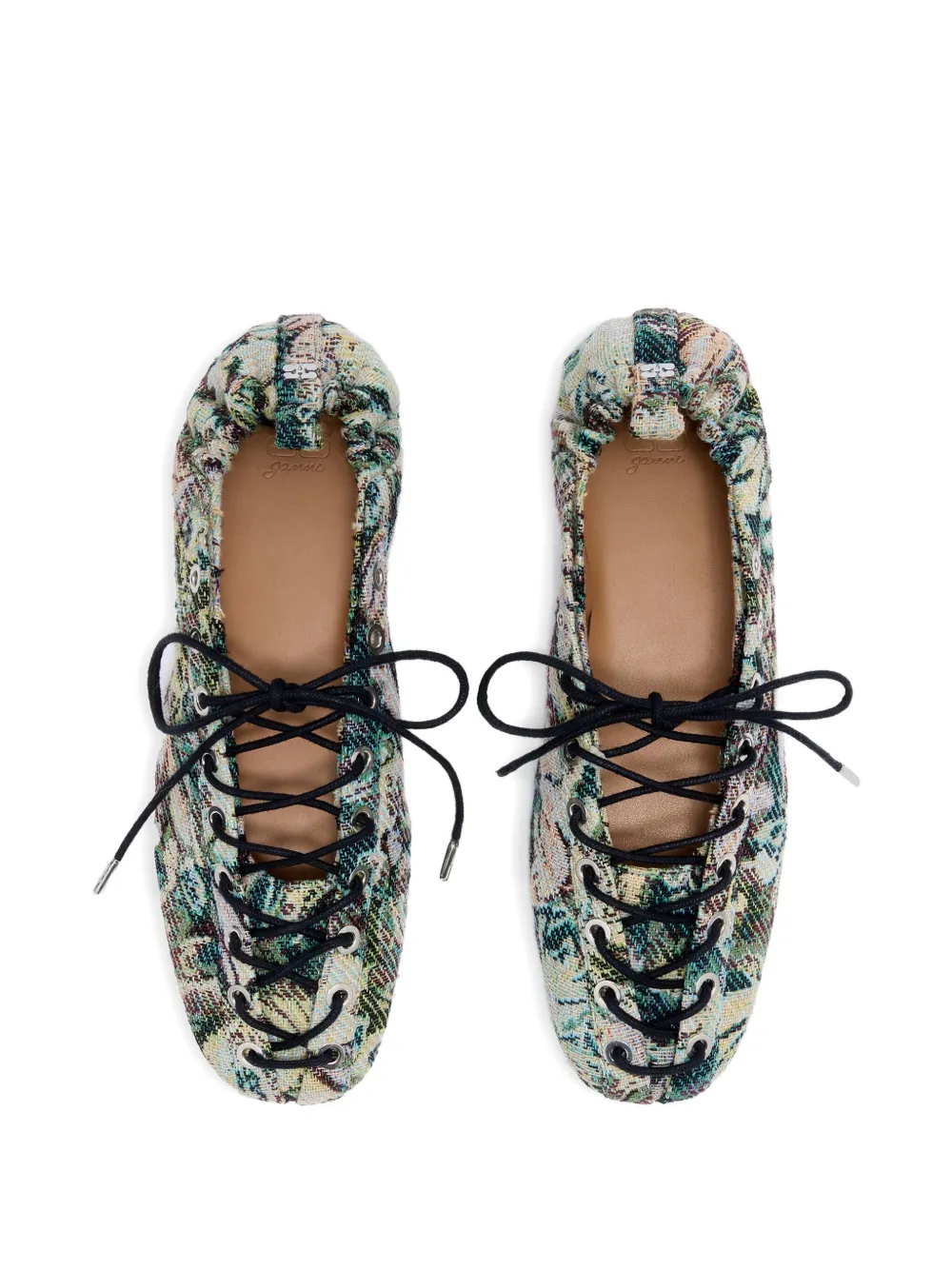 Ganni Tapestry-effect Eyelet-detail Lace-up Ballerina In Multi