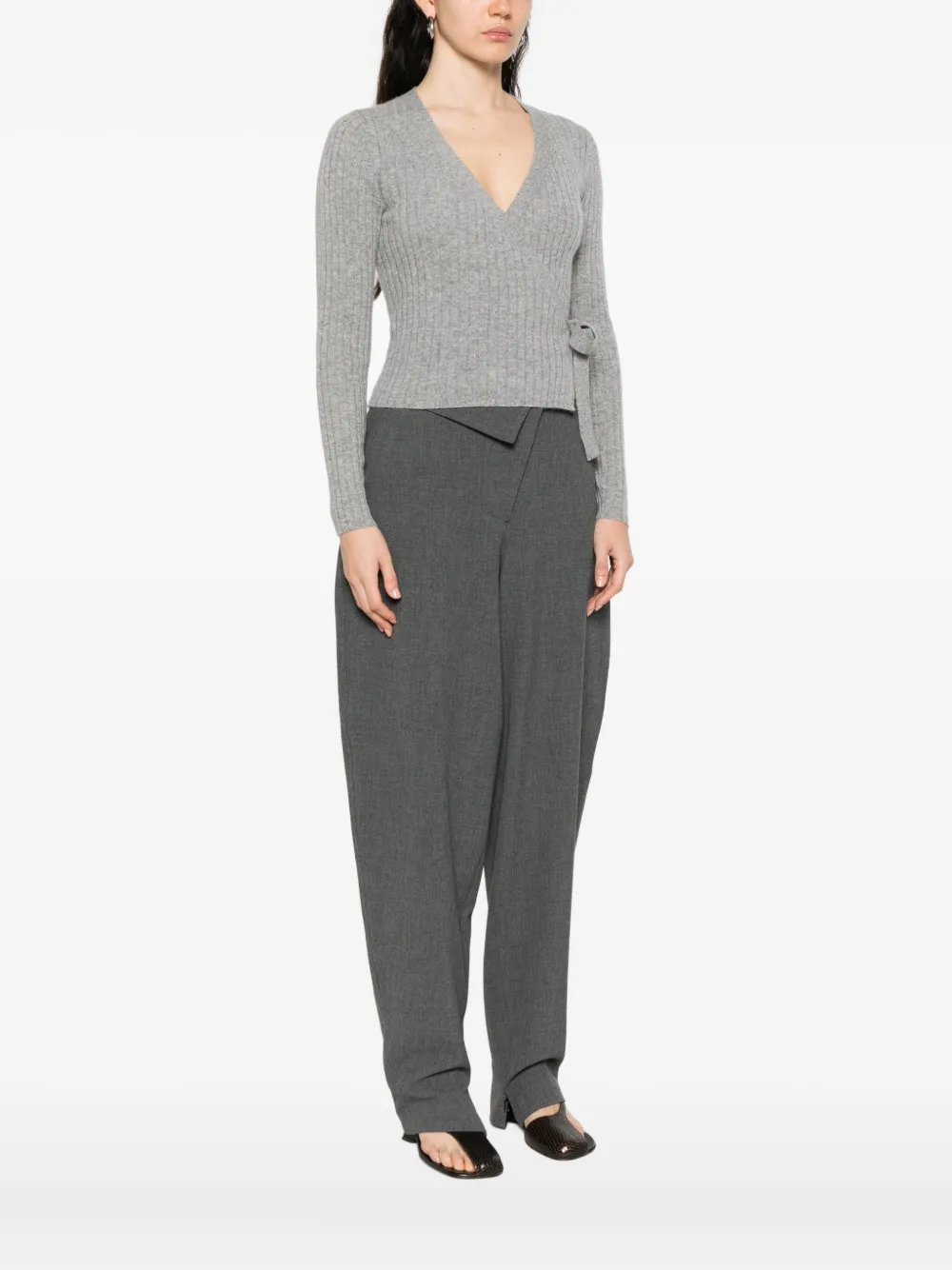 Allude Ribbed Self-tie Cardigan In Gray