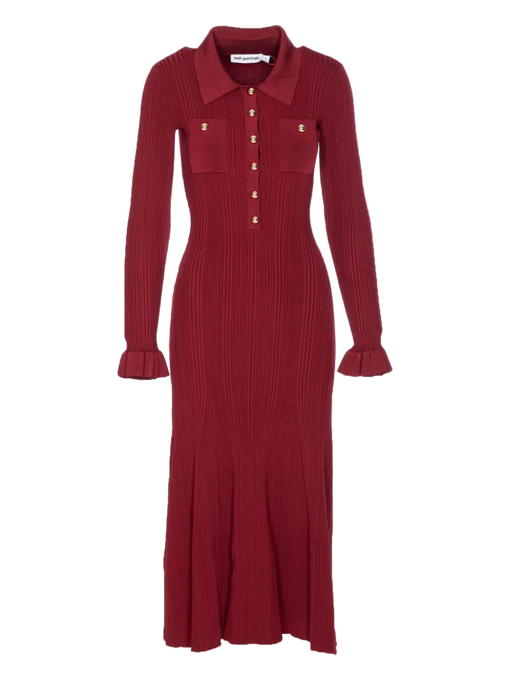 Self-Portrait ribbed button-front dress Rood