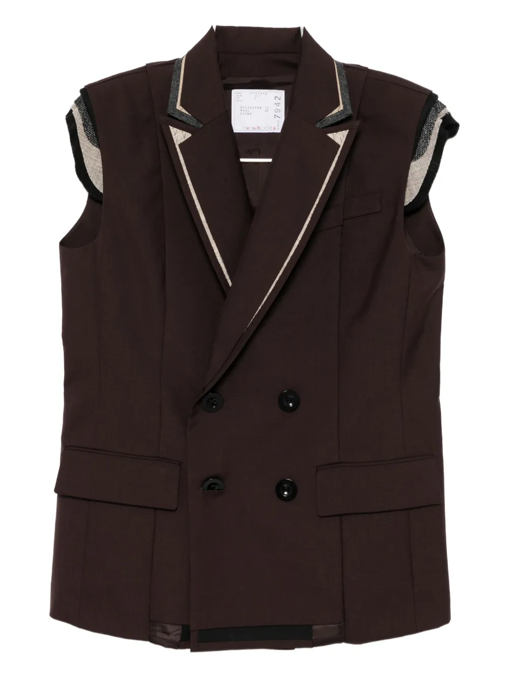 Sacai Womens Brown Double-breasted Relaxed-fit Woven Vest In Brown
