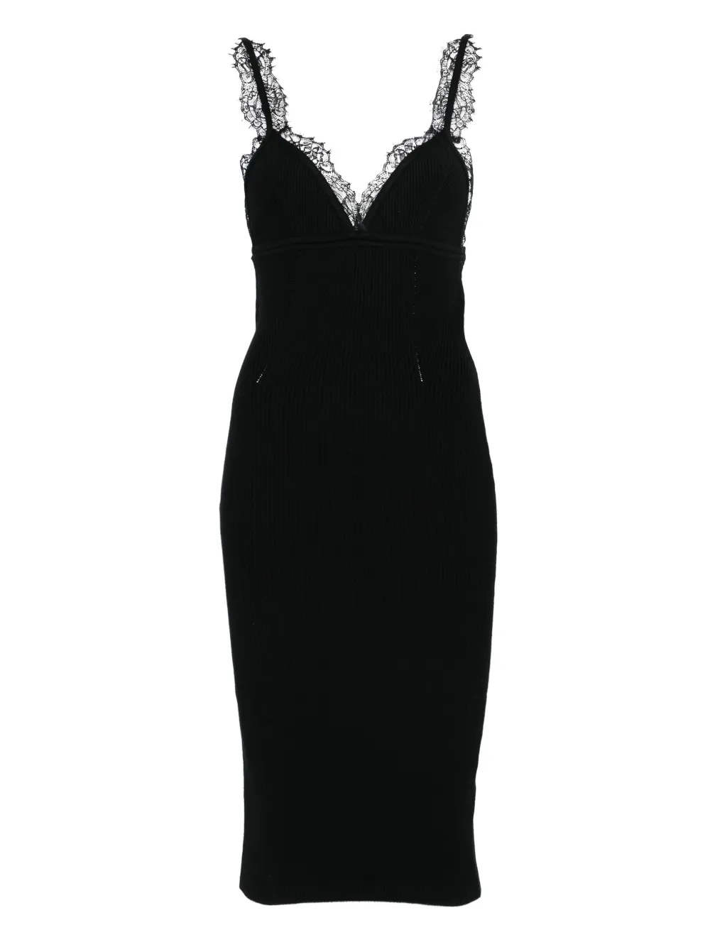 lace-trimmed ribbed midi dress