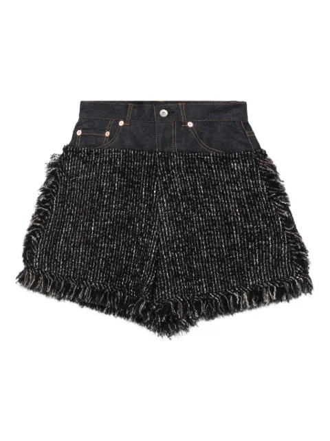 sacai shorts de mezclilla y tweed con flecos